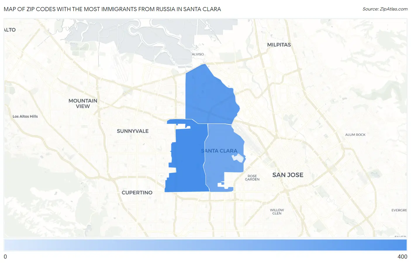 Zip Codes with the Most Immigrants from Russia in Santa Clara Map