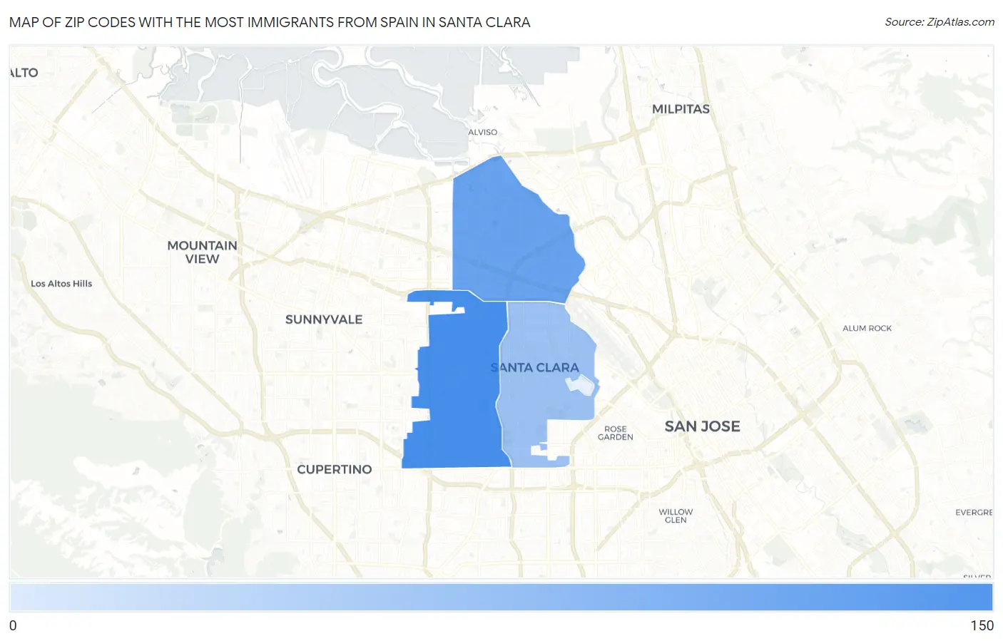 Zip Codes with the Most Immigrants from Spain in Santa Clara Map