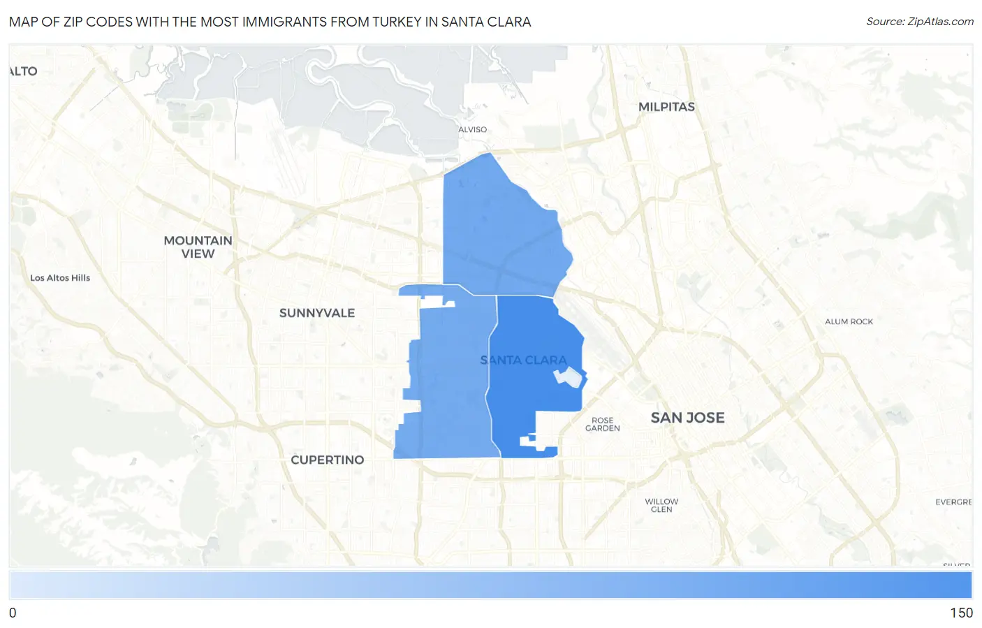 Zip Codes with the Most Immigrants from Turkey in Santa Clara Map