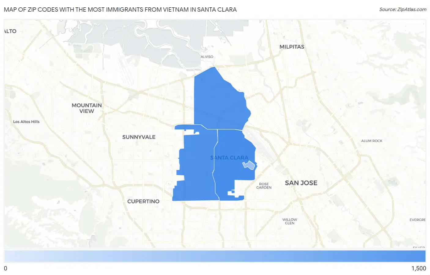 Zip Codes with the Most Immigrants from Vietnam in Santa Clara Map