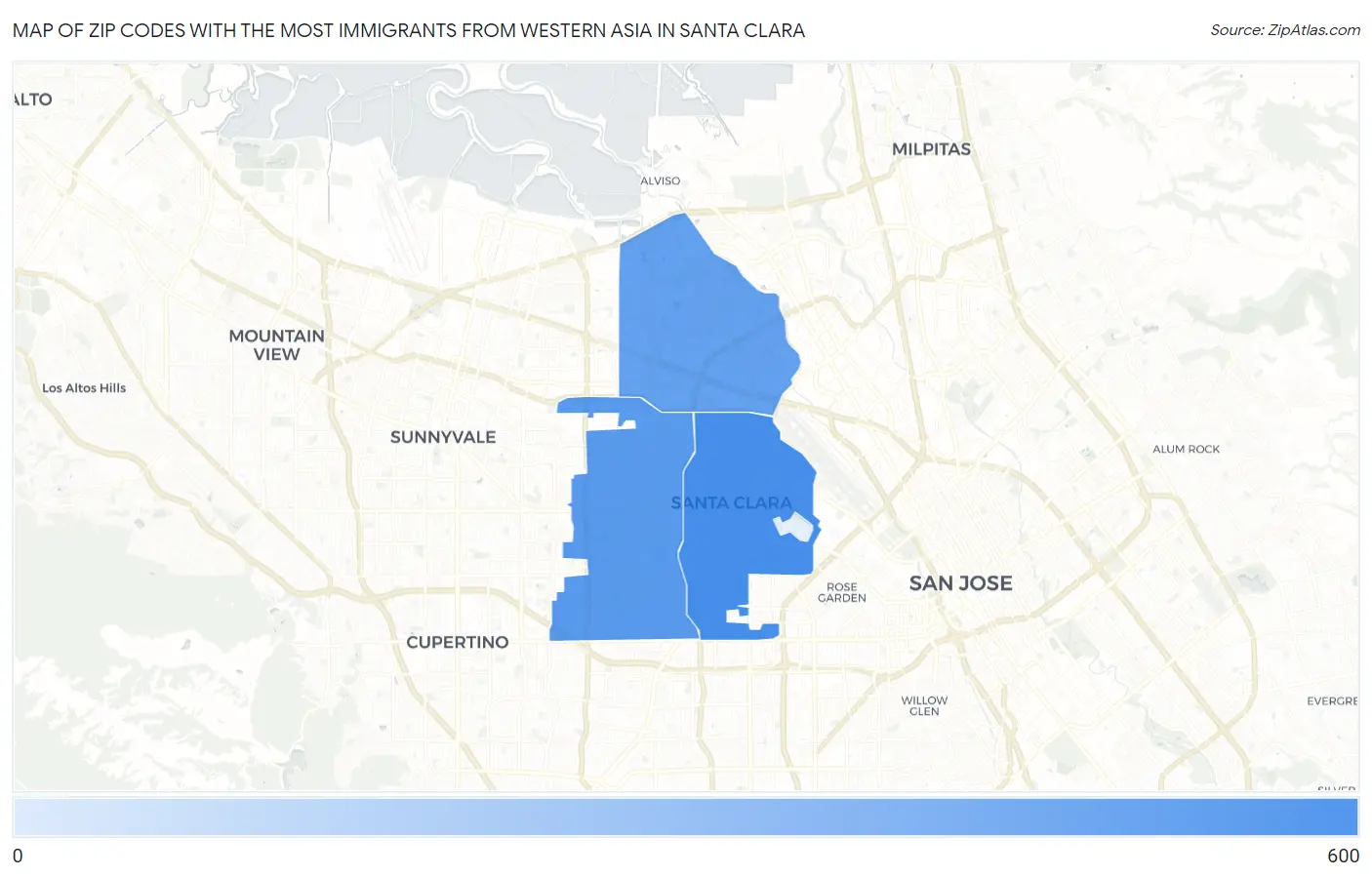 Zip Codes with the Most Immigrants from Western Asia in Santa Clara Map