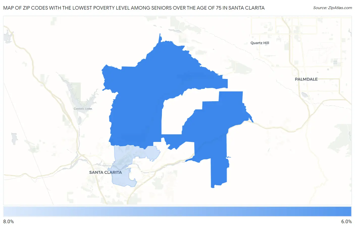 Zip Codes with the Lowest Poverty Level Among Seniors Over the Age of 75 in Santa Clarita Map