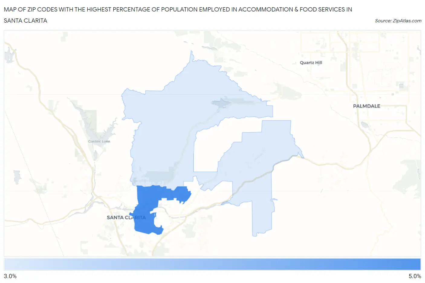 Zip Codes with the Highest Percentage of Population Employed in Accommodation & Food Services in Santa Clarita Map
