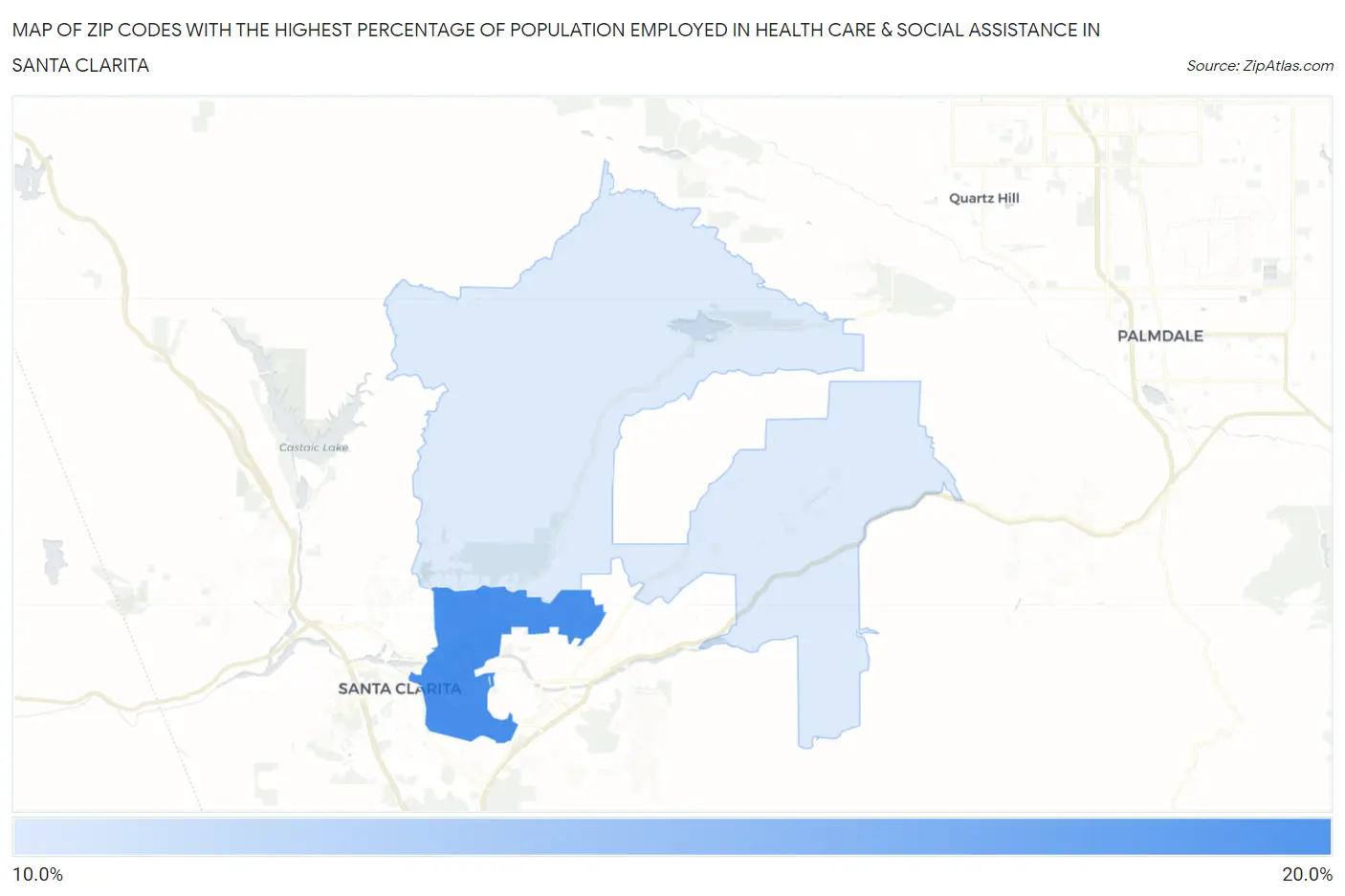 Zip Codes with the Highest Percentage of Population Employed in Health Care & Social Assistance in Santa Clarita Map
