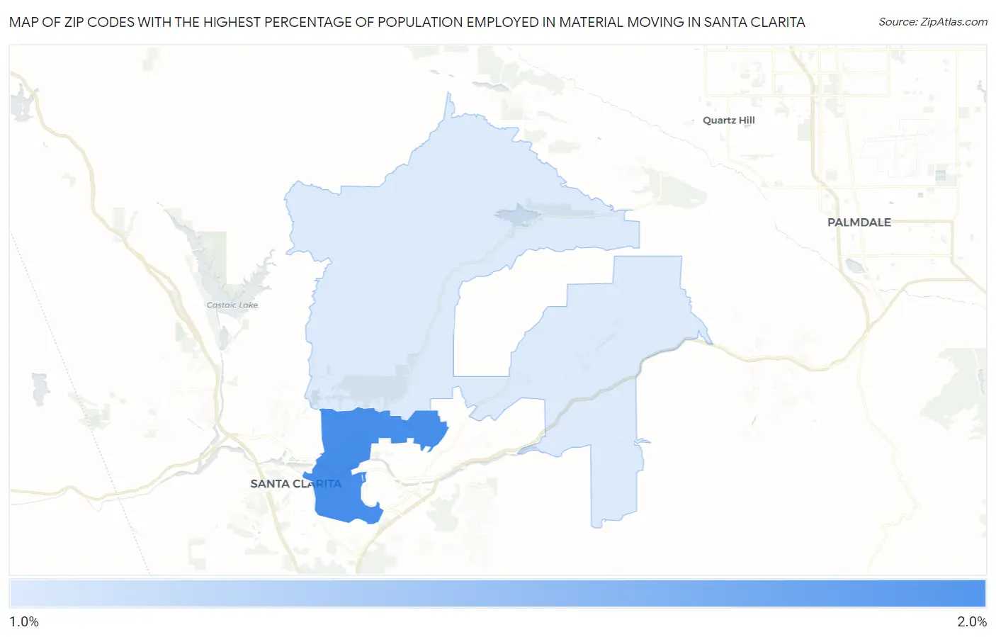 Zip Codes with the Highest Percentage of Population Employed in Material Moving in Santa Clarita Map