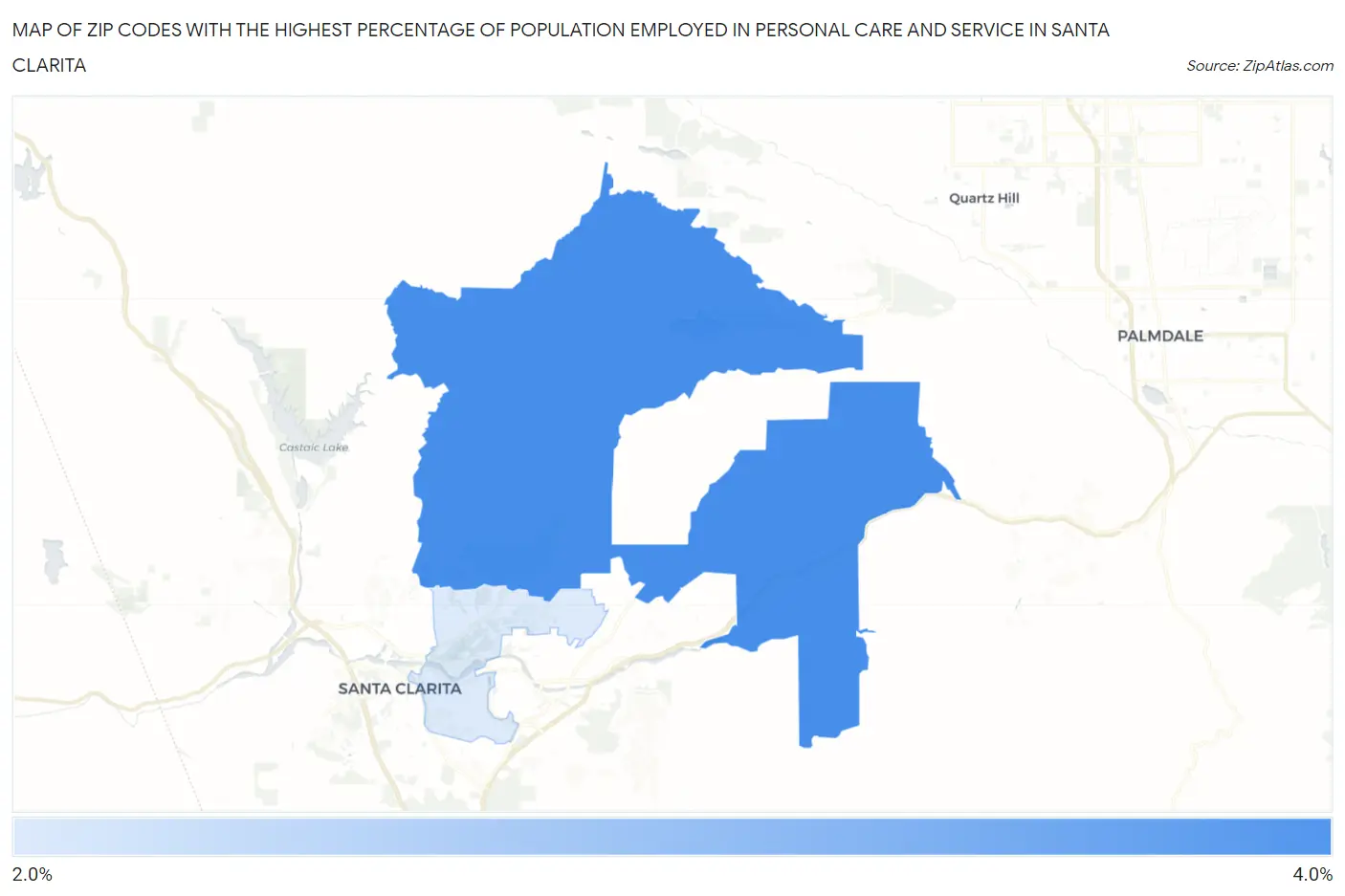 Zip Codes with the Highest Percentage of Population Employed in Personal Care and Service in Santa Clarita Map