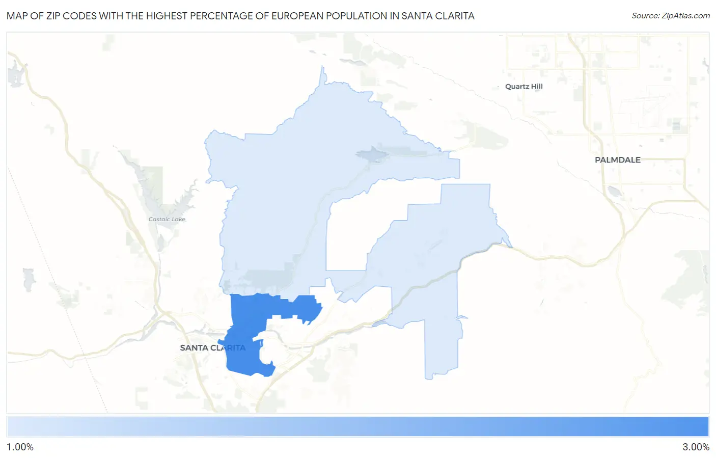 Zip Codes with the Highest Percentage of European Population in Santa Clarita Map