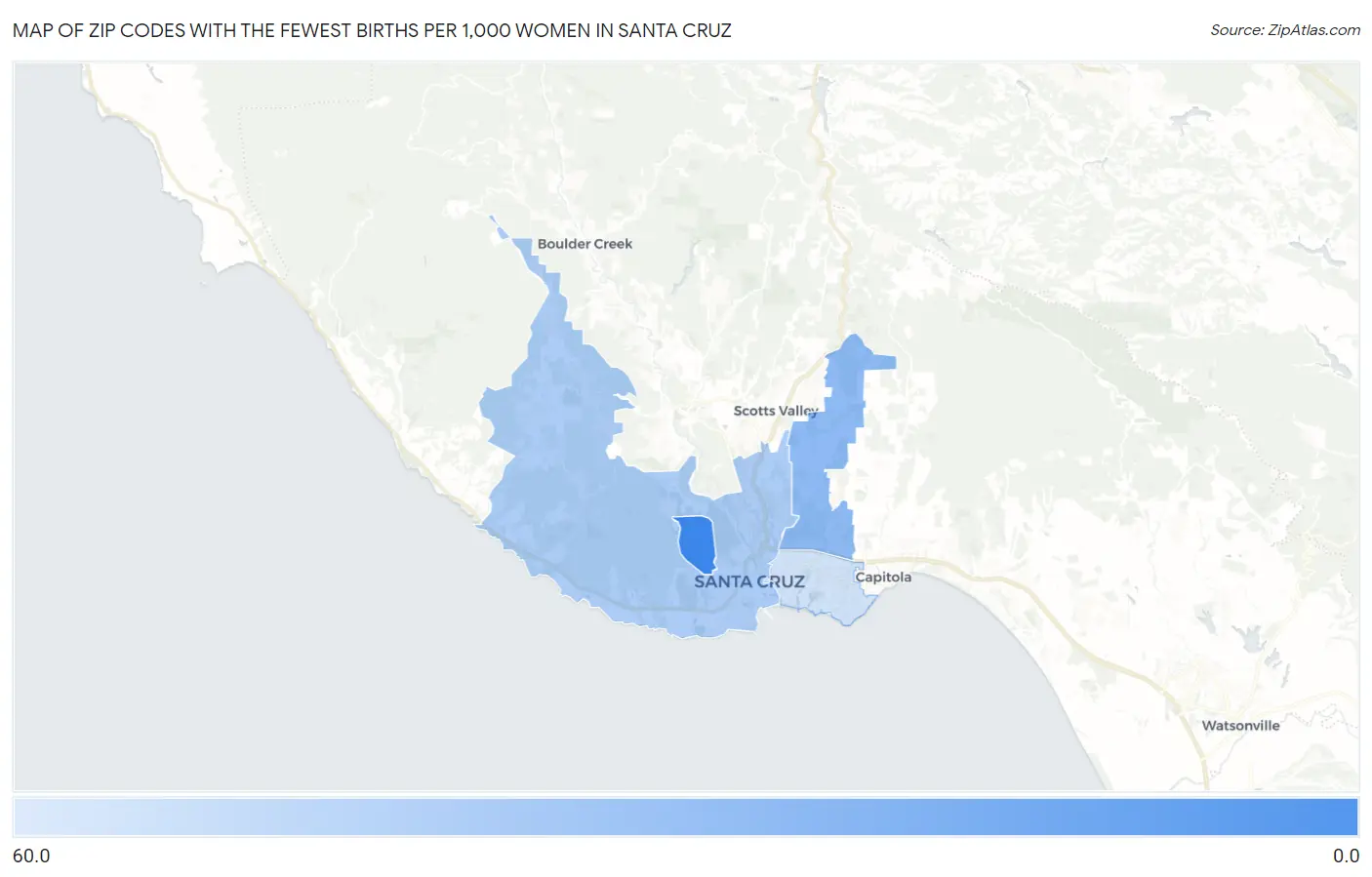Zip Codes with the Fewest Births per 1,000 Women in Santa Cruz Map