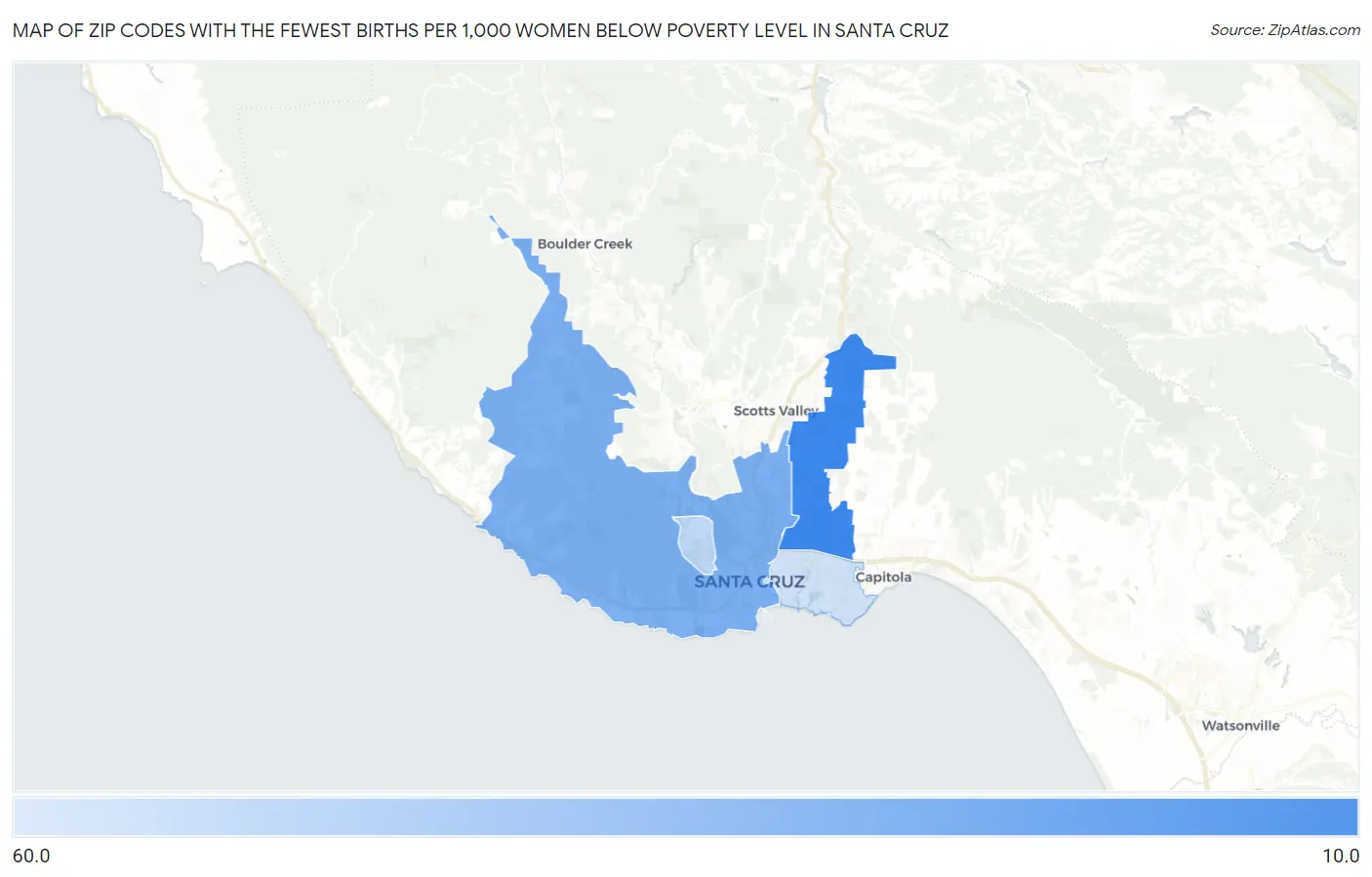 Zip Codes with the Fewest Births per 1,000 Women Below Poverty Level in Santa Cruz Map