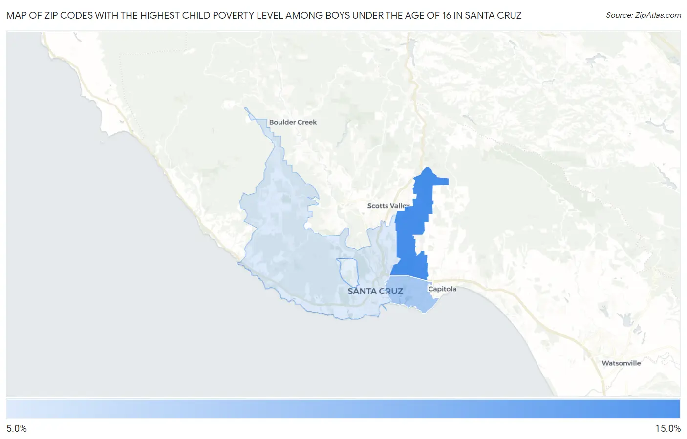 Zip Codes with the Highest Child Poverty Level Among Boys Under the Age of 16 in Santa Cruz Map