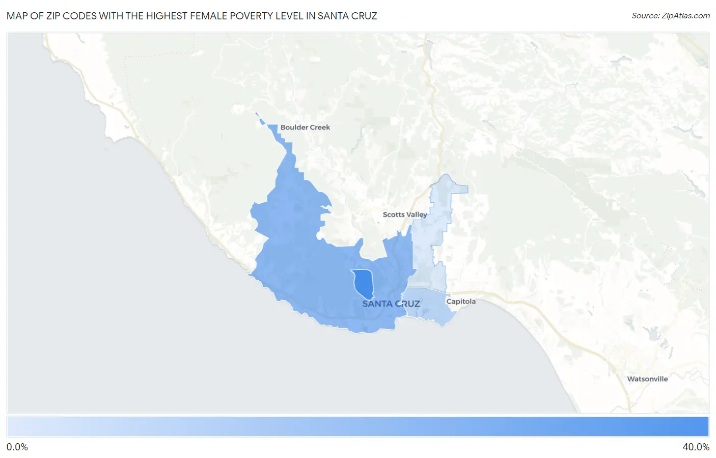 Zip Codes with the Highest Female Poverty Level in Santa Cruz Map