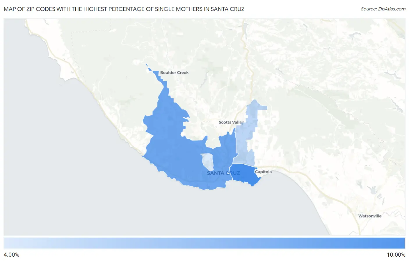 Zip Codes with the Highest Percentage of Single Mothers in Santa Cruz Map