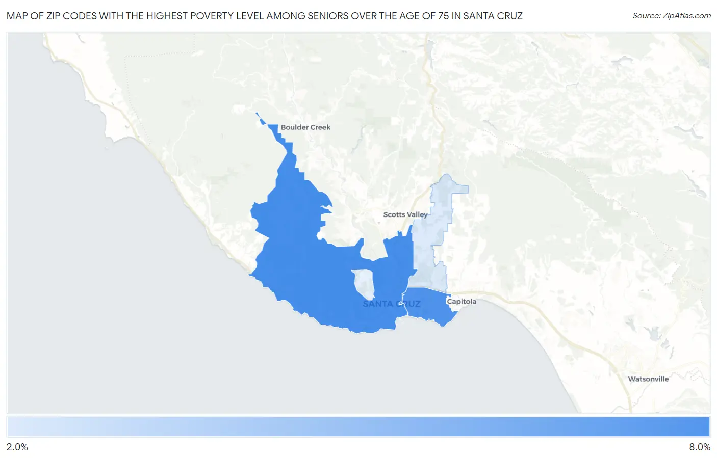 Zip Codes with the Highest Poverty Level Among Seniors Over the Age of 75 in Santa Cruz Map
