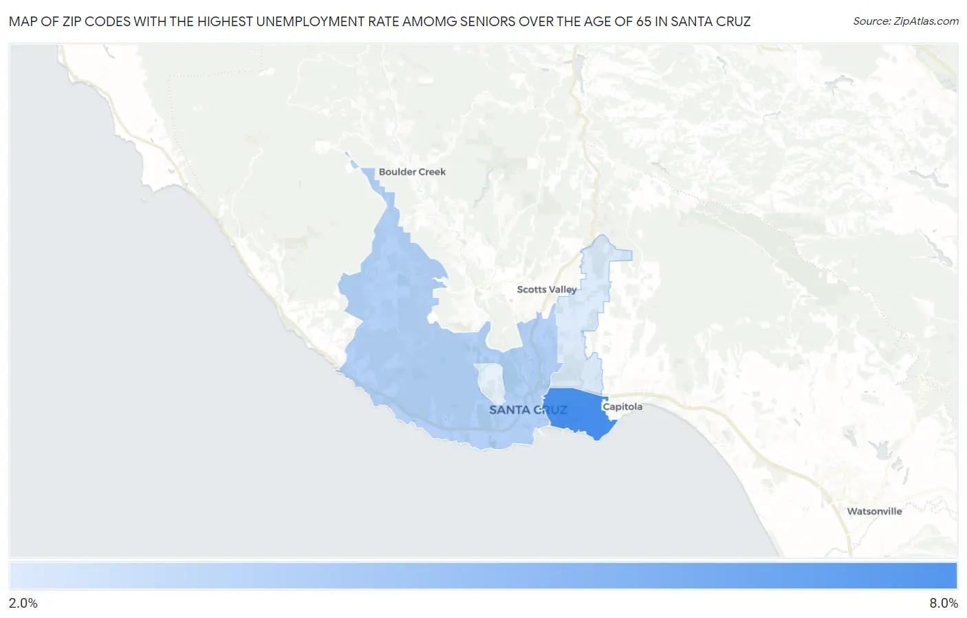 Zip Codes with the Highest Unemployment Rate Amomg Seniors Over the Age of 65 in Santa Cruz Map