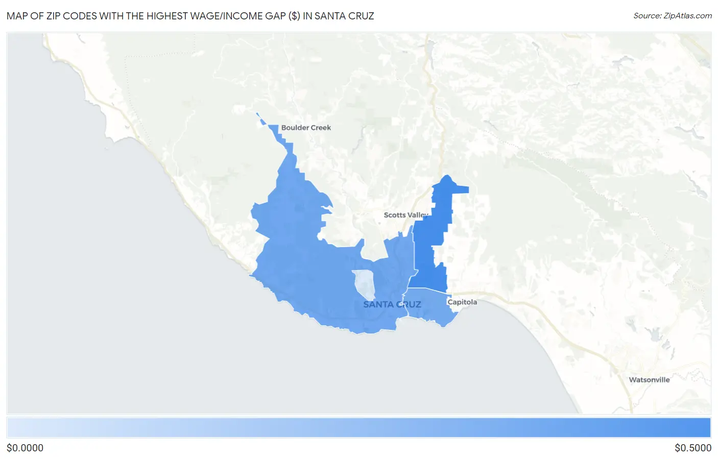 Zip Codes with the Highest Wage/Income Gap ($) in Santa Cruz Map