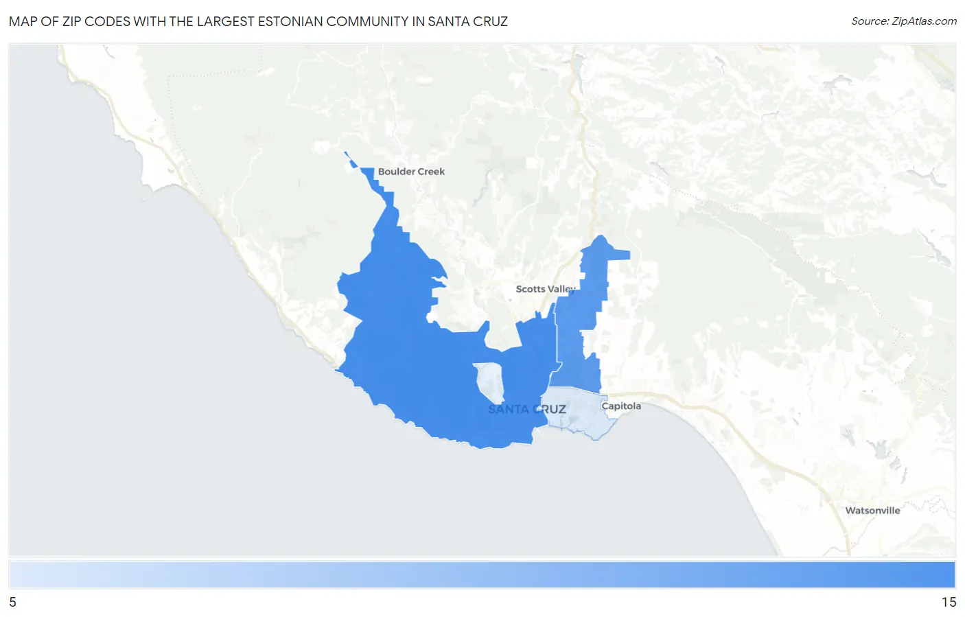 Zip Codes with the Largest Estonian Community in Santa Cruz Map