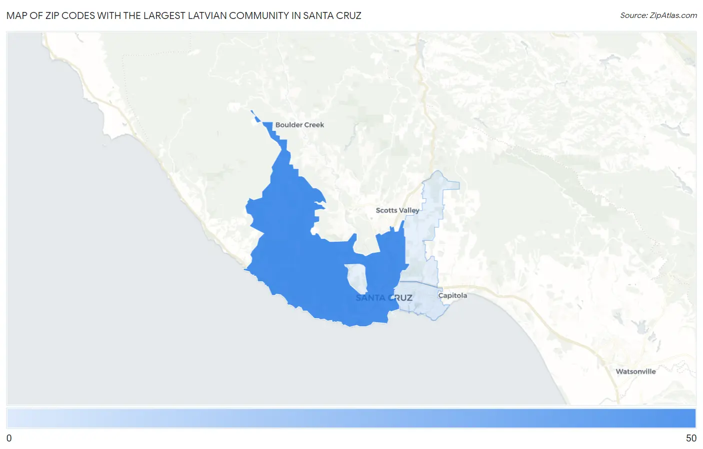 Zip Codes with the Largest Latvian Community in Santa Cruz Map