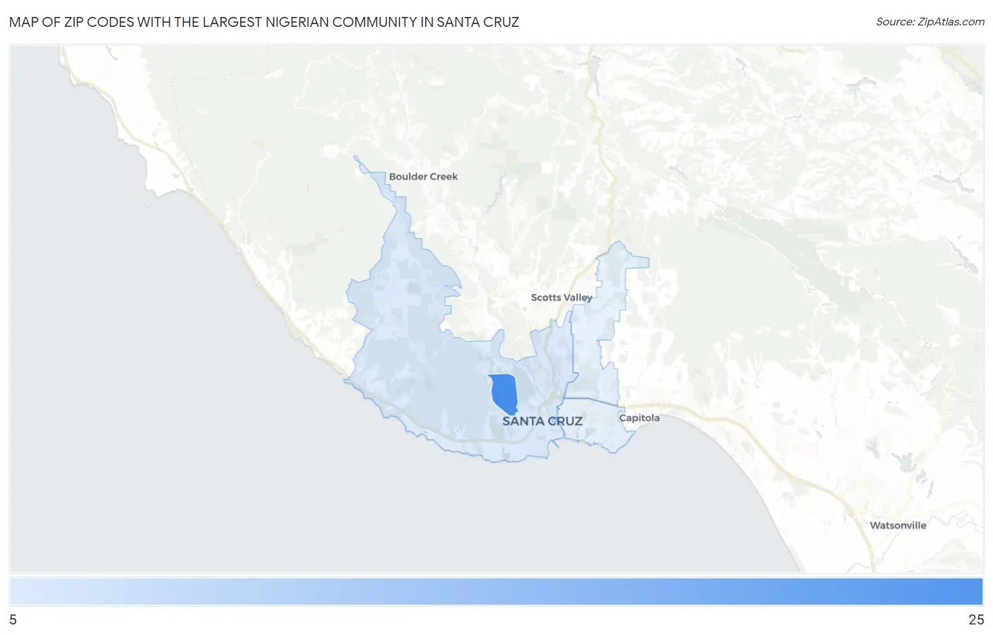 Zip Codes with the Largest Nigerian Community in Santa Cruz Map