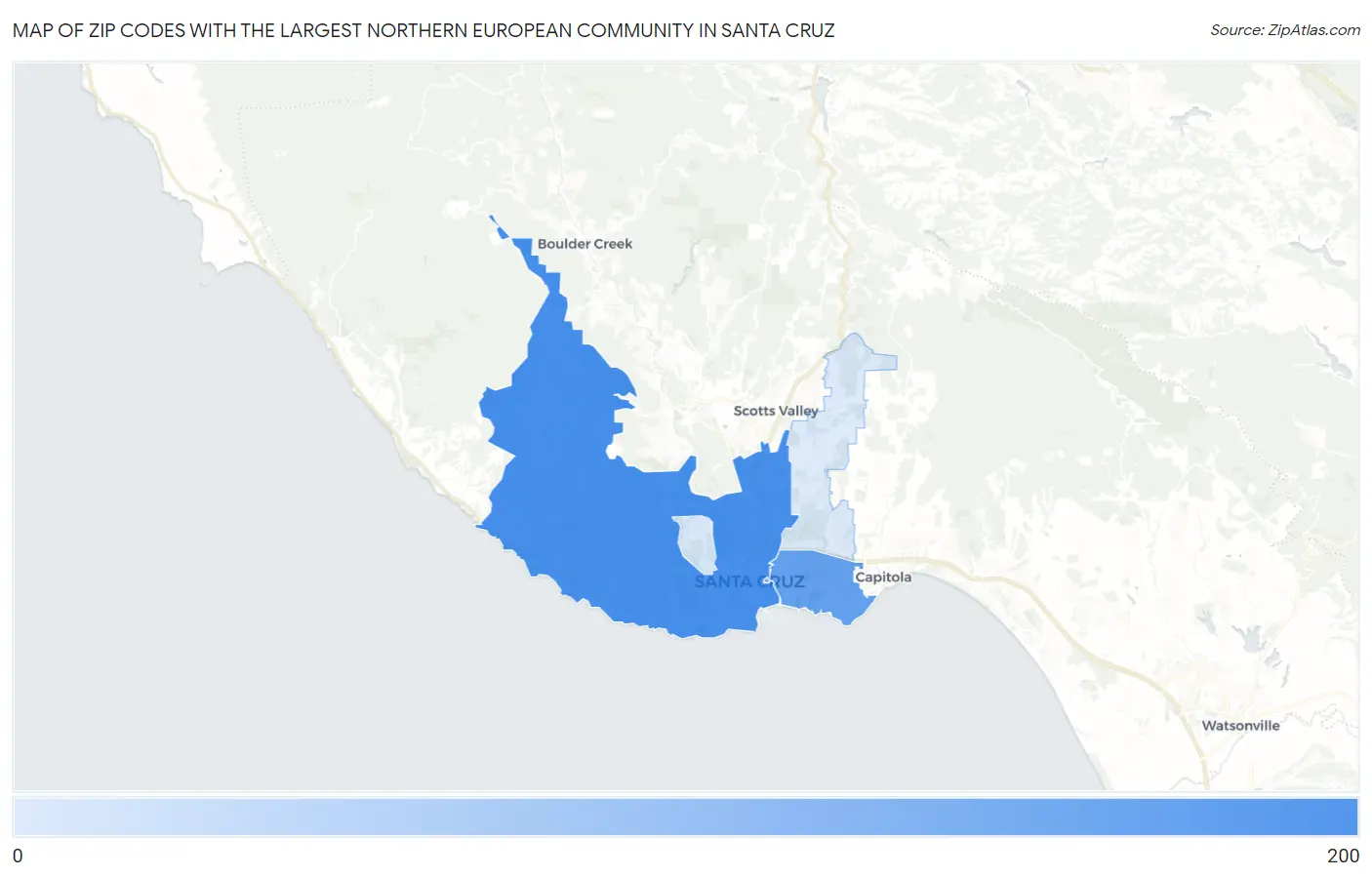 Zip Codes with the Largest Northern European Community in Santa Cruz Map
