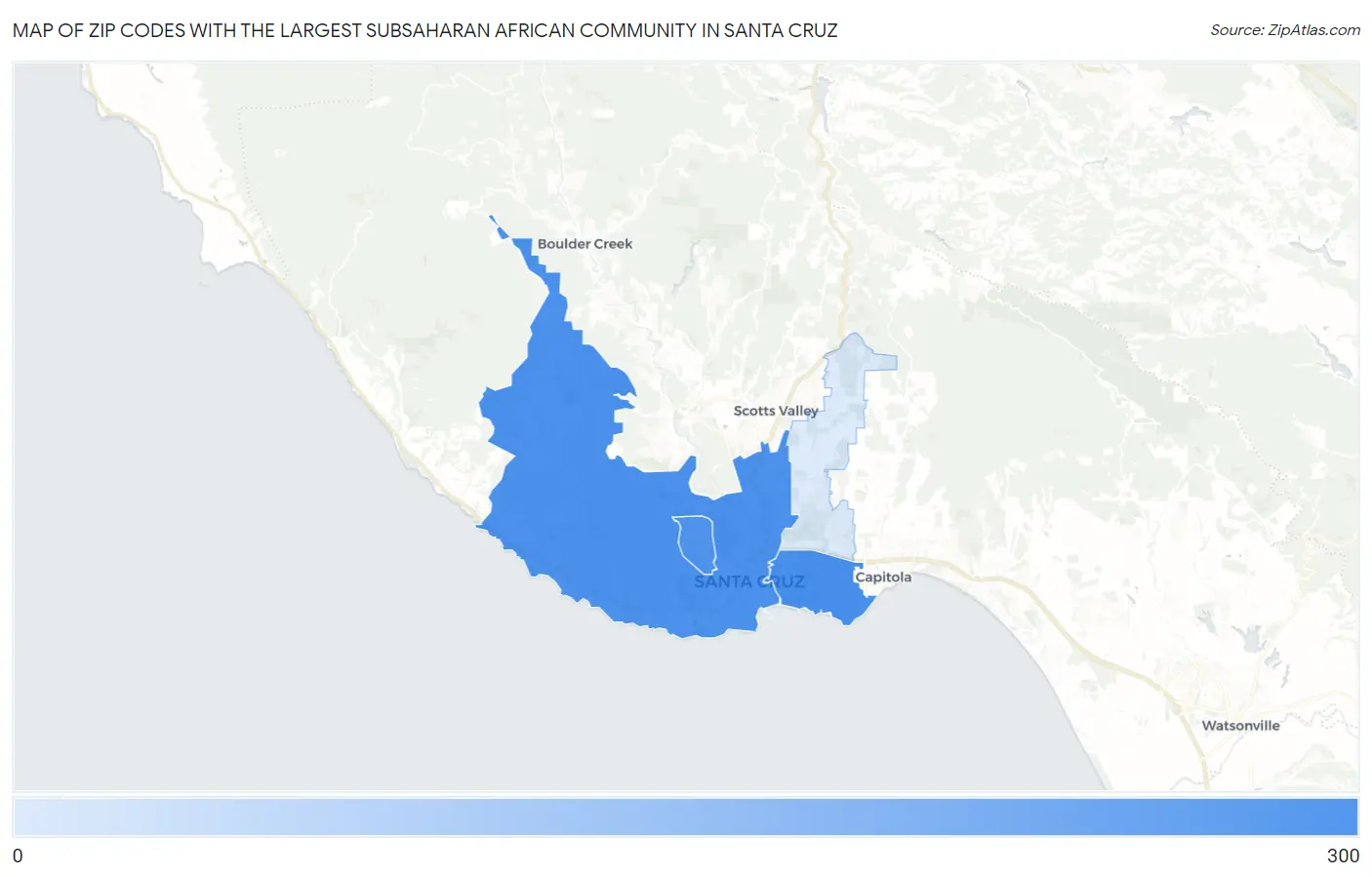 Zip Codes with the Largest Subsaharan African Community in Santa Cruz Map