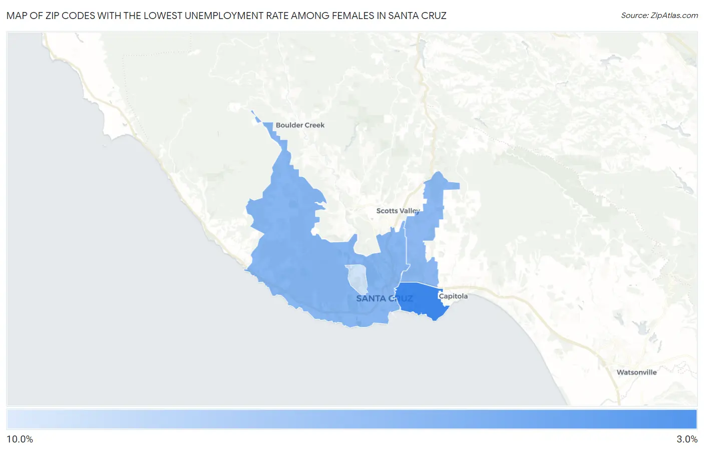 Zip Codes with the Lowest Unemployment Rate Among Females in Santa Cruz Map