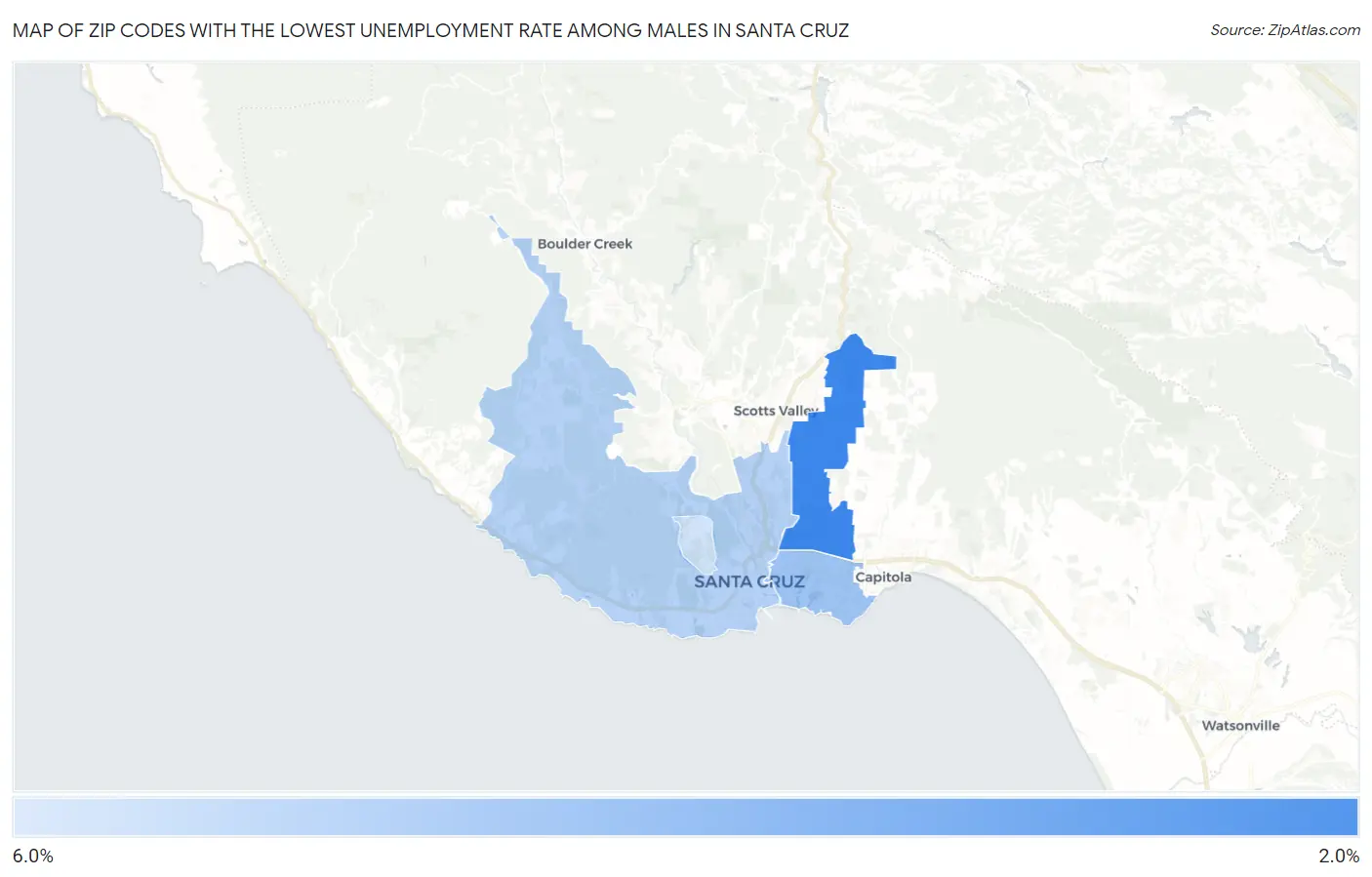 Zip Codes with the Lowest Unemployment Rate Among Males in Santa Cruz Map