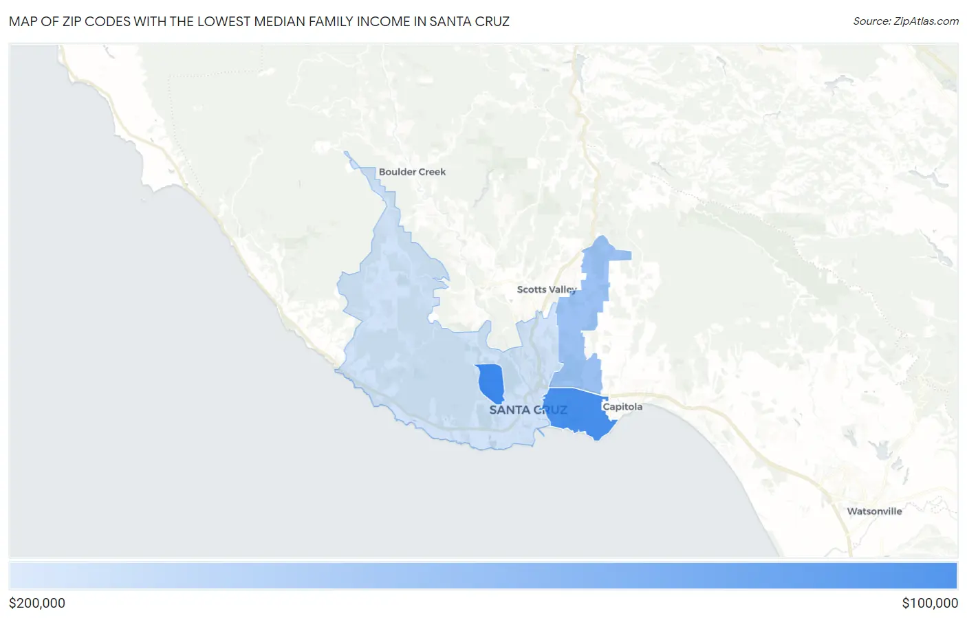 Zip Codes with the Lowest Median Family Income in Santa Cruz Map