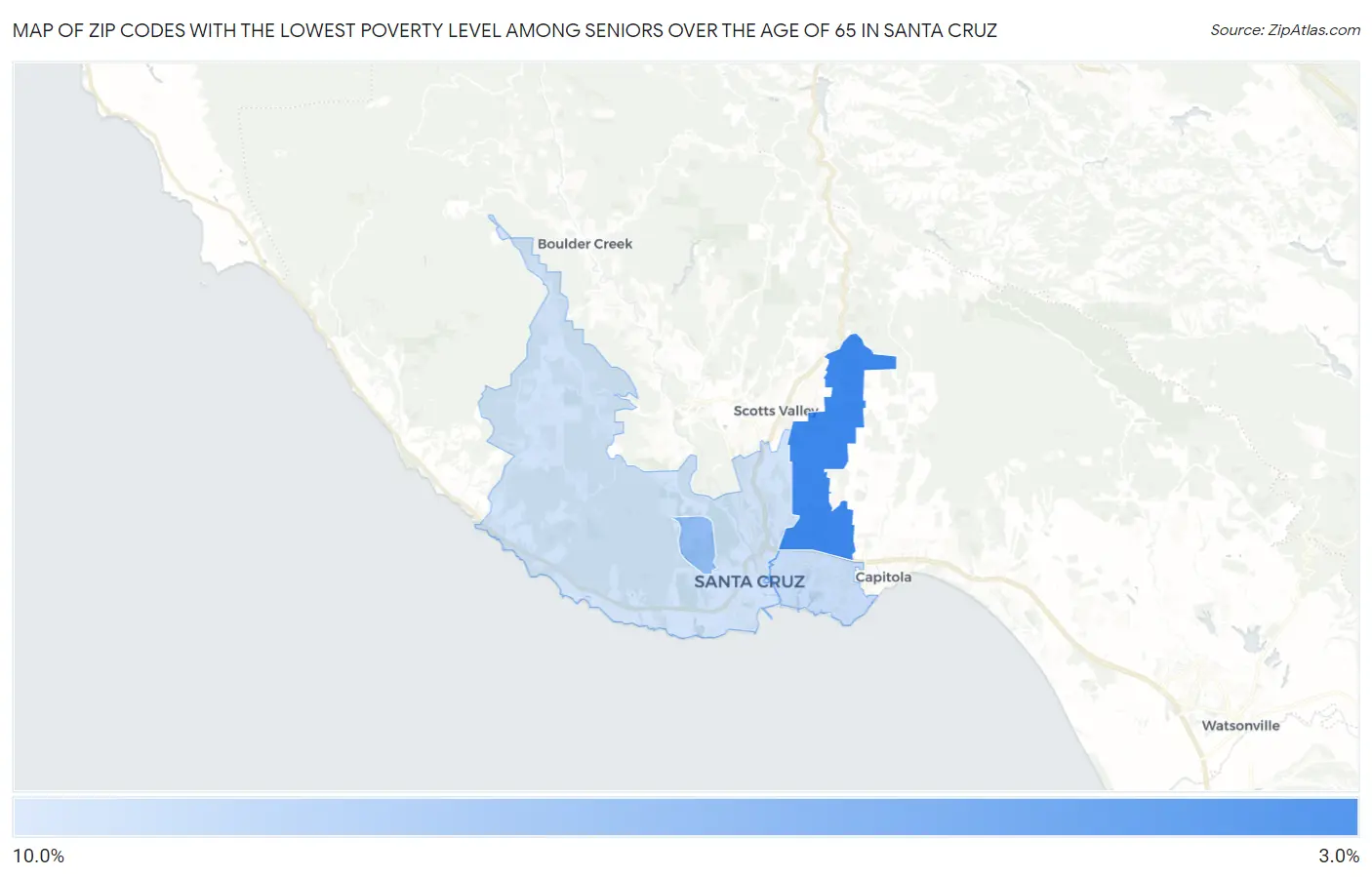 Zip Codes with the Lowest Poverty Level Among Seniors Over the Age of 65 in Santa Cruz Map
