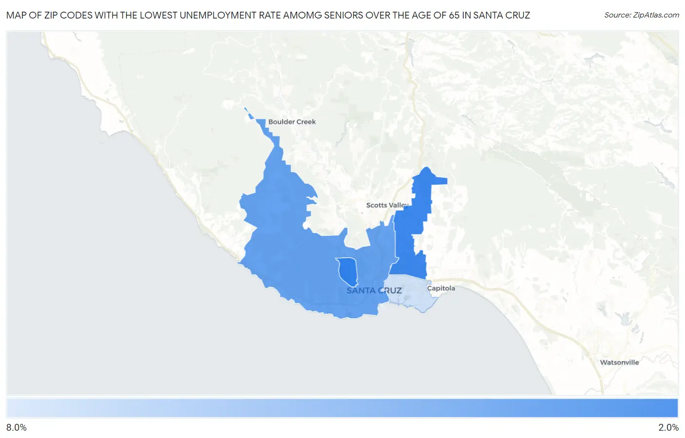Zip Codes with the Lowest Unemployment Rate Amomg Seniors Over the Age of 65 in Santa Cruz Map