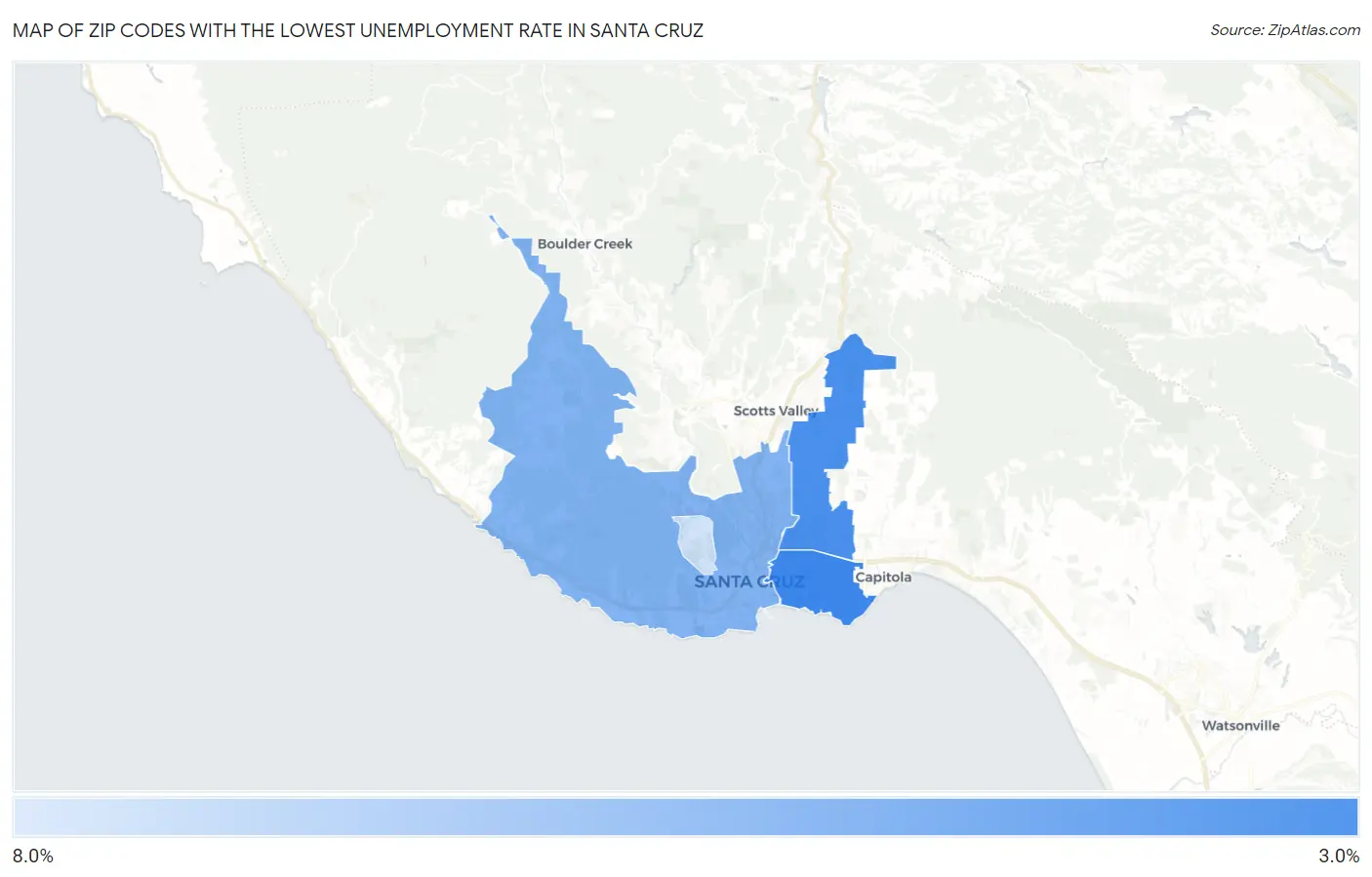 Zip Codes with the Lowest Unemployment Rate in Santa Cruz Map