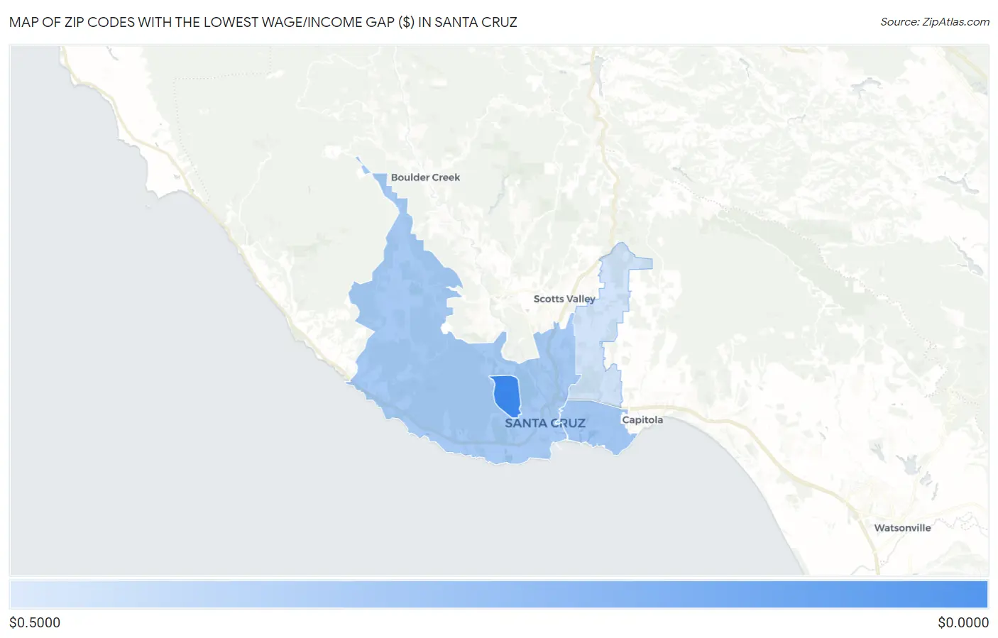 Zip Codes with the Lowest Wage/Income Gap ($) in Santa Cruz Map