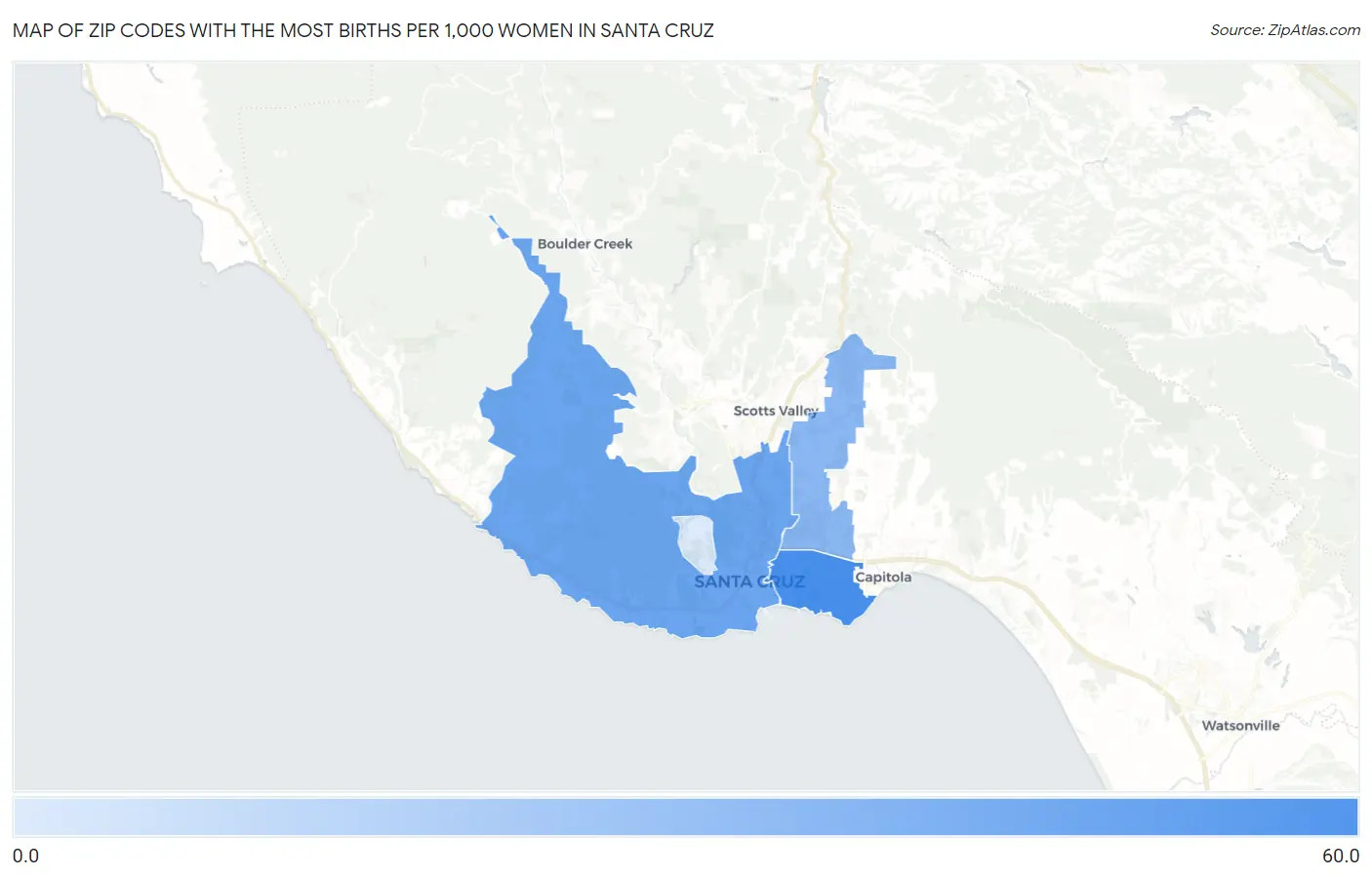 Zip Codes with the Most Births per 1,000 Women in Santa Cruz Map