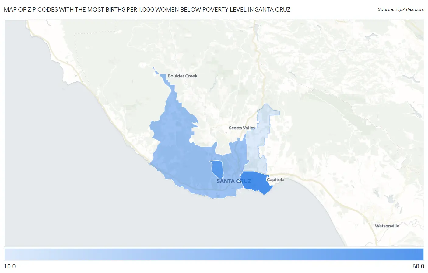 Zip Codes with the Most Births per 1,000 Women Below Poverty Level in Santa Cruz Map