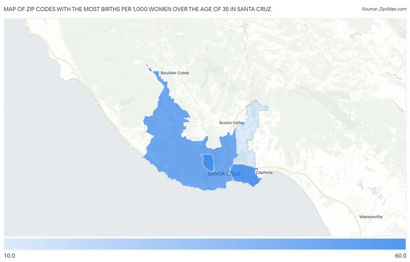 Zip Codes with the Most Births per 1,000 Women Over the Age of 35 in Santa Cruz Map