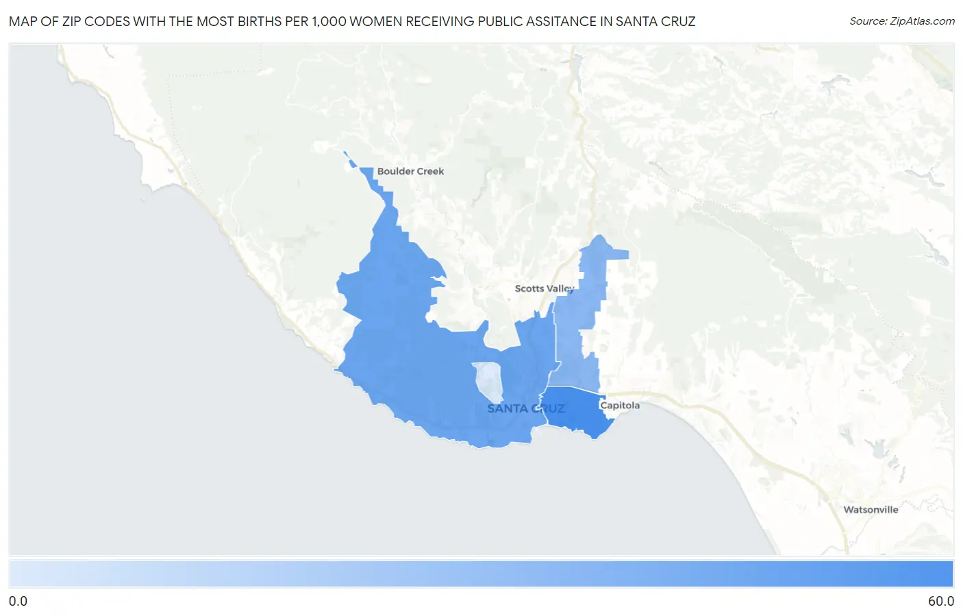 Zip Codes with the Most Births per 1,000 Women Receiving Public Assitance in Santa Cruz Map