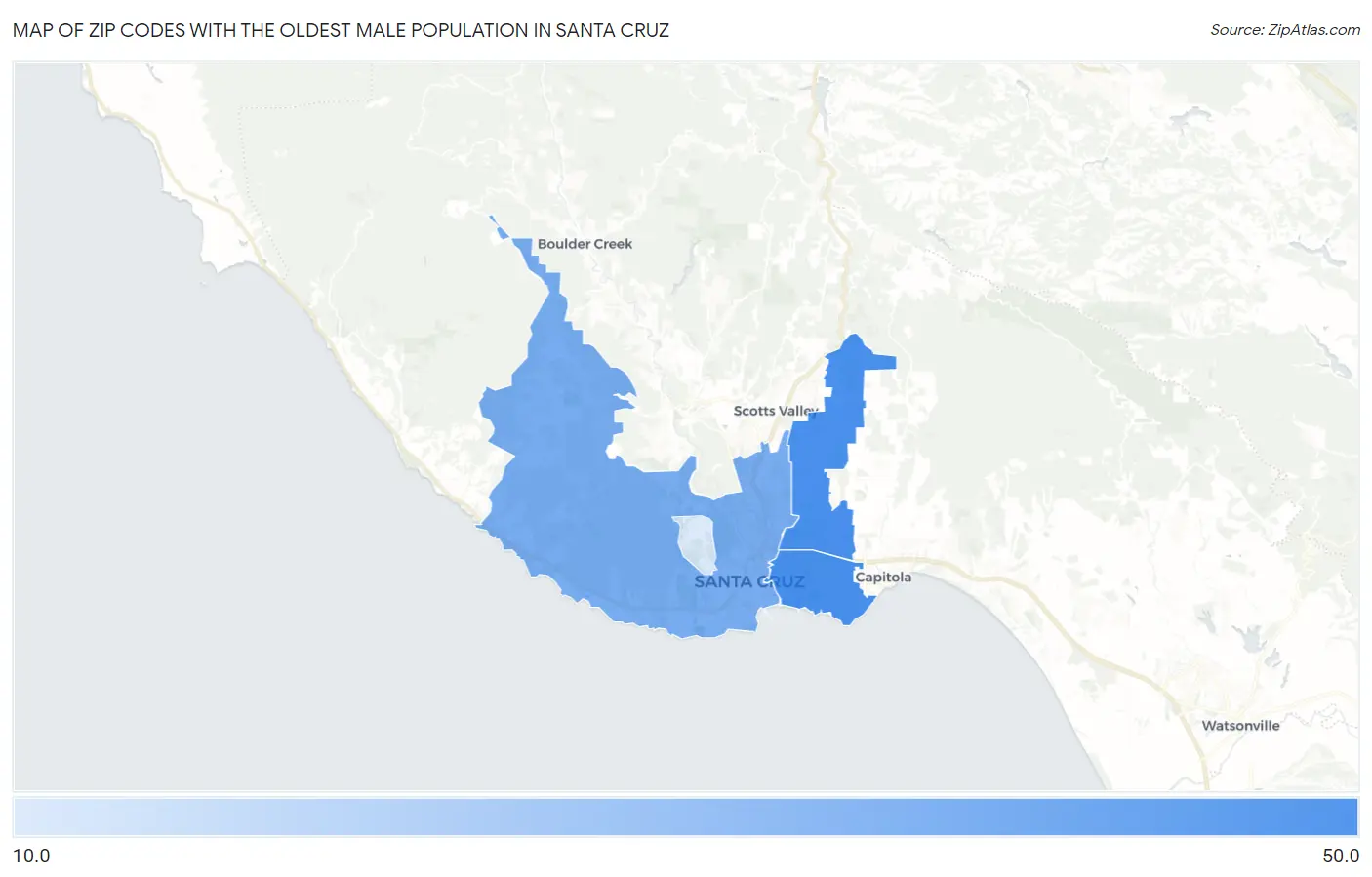 Zip Codes with the Oldest Male Population in Santa Cruz Map