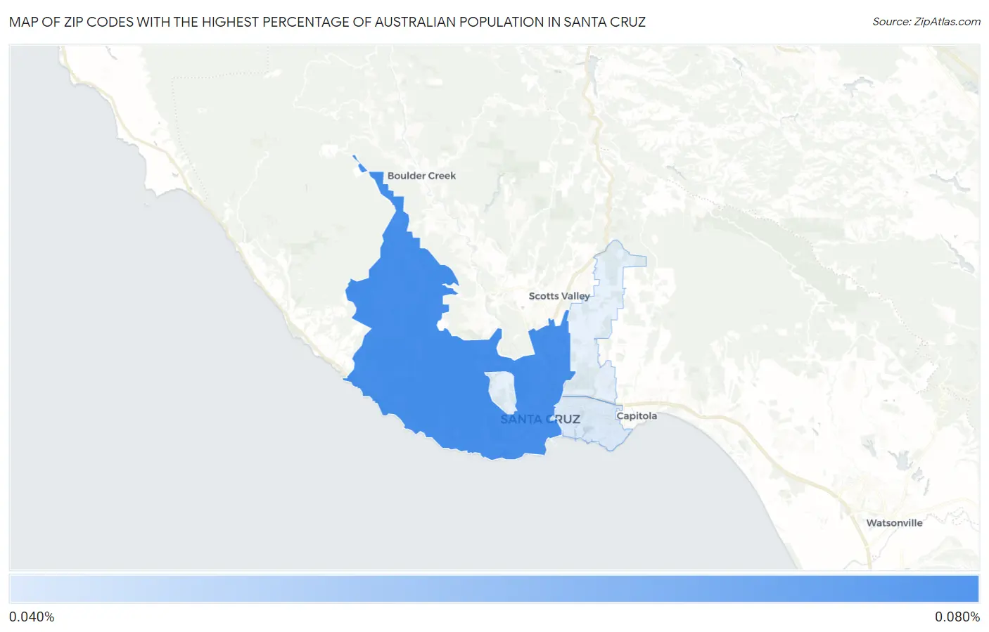 Zip Codes with the Highest Percentage of Australian Population in Santa Cruz Map