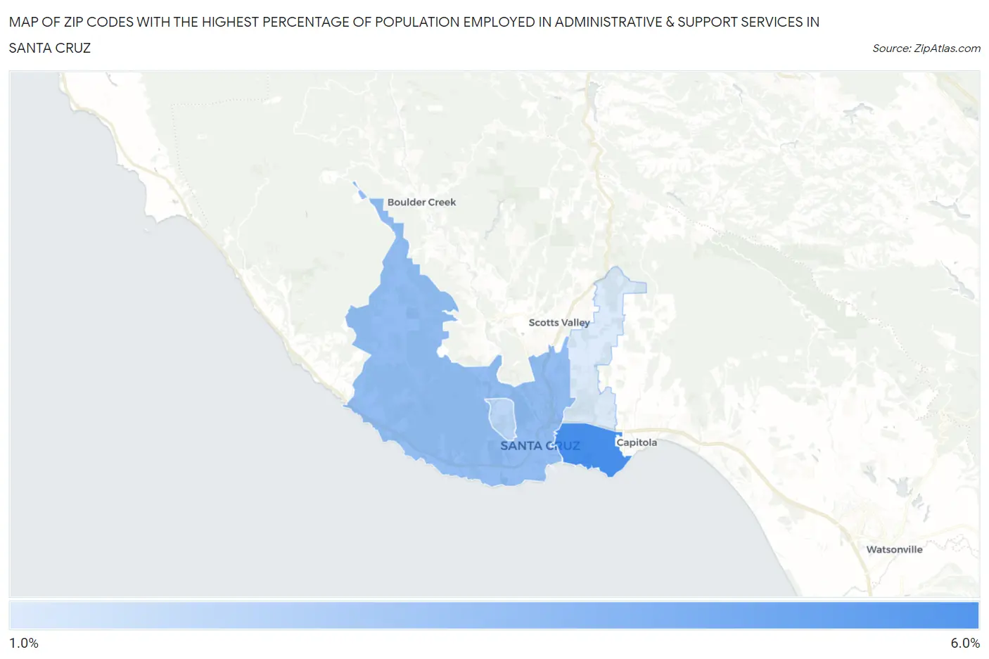 Zip Codes with the Highest Percentage of Population Employed in Administrative & Support Services in Santa Cruz Map
