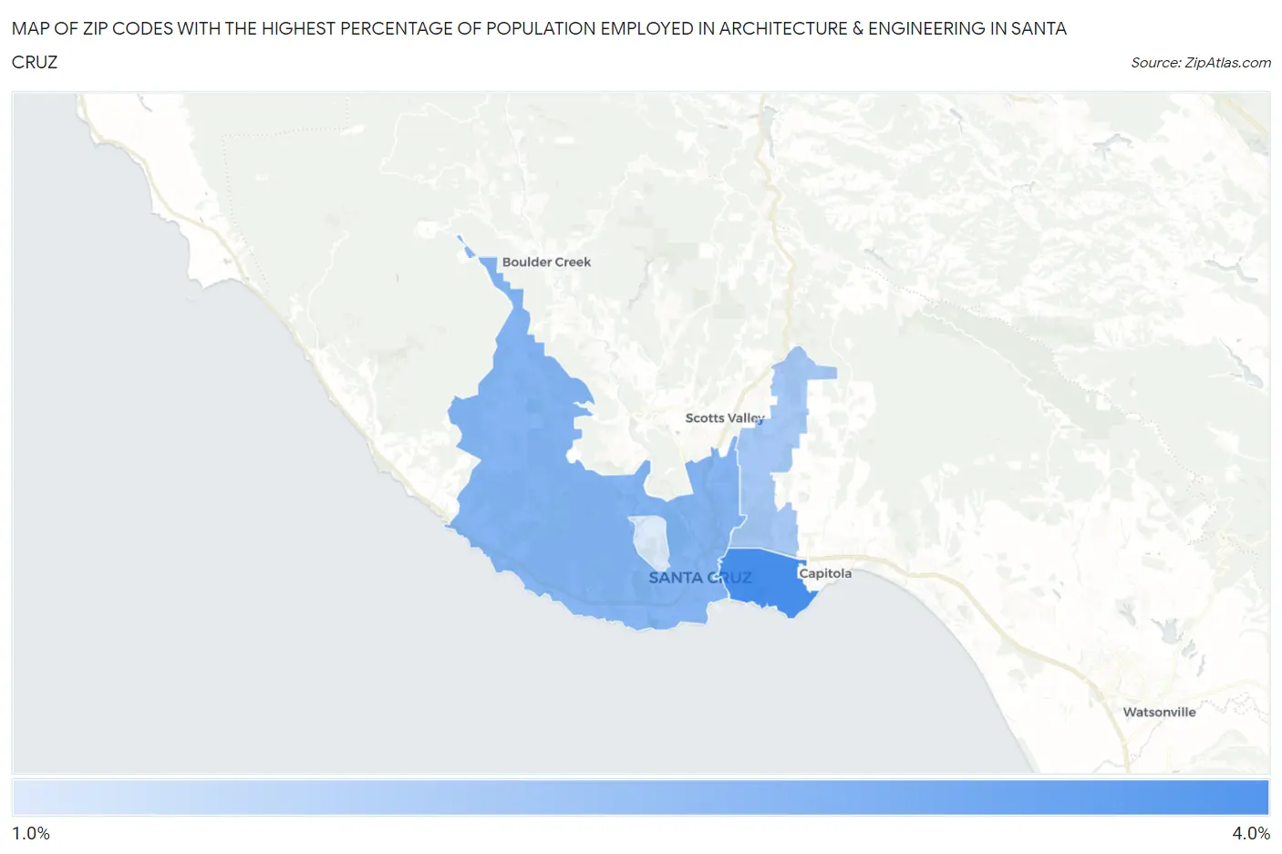 Zip Codes with the Highest Percentage of Population Employed in Architecture & Engineering in Santa Cruz Map