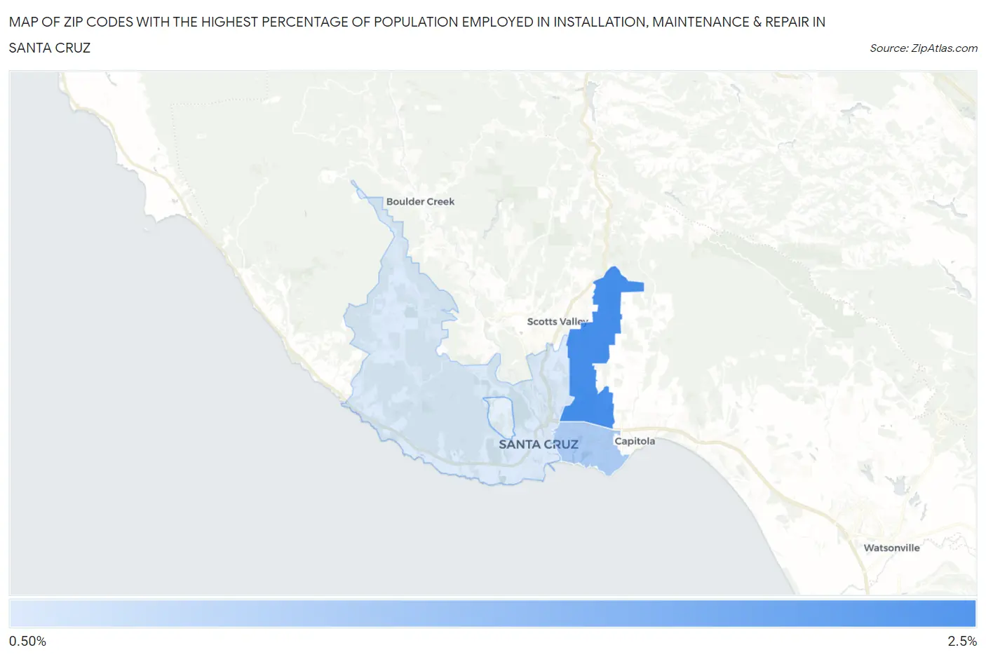 Zip Codes with the Highest Percentage of Population Employed in Installation, Maintenance & Repair in Santa Cruz Map