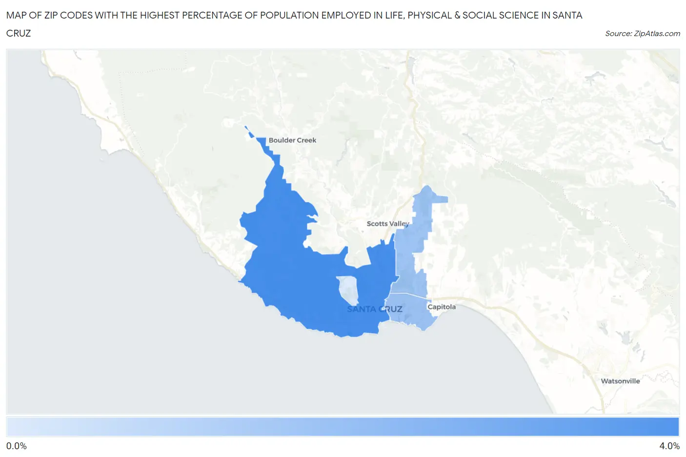 Zip Codes with the Highest Percentage of Population Employed in Life, Physical & Social Science in Santa Cruz Map