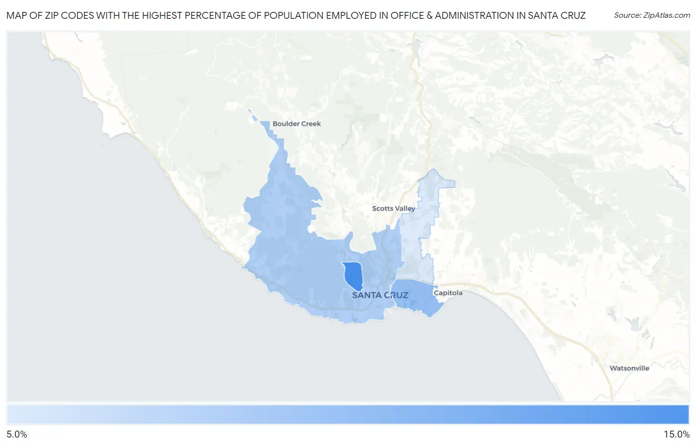 Zip Codes with the Highest Percentage of Population Employed in Office & Administration in Santa Cruz Map