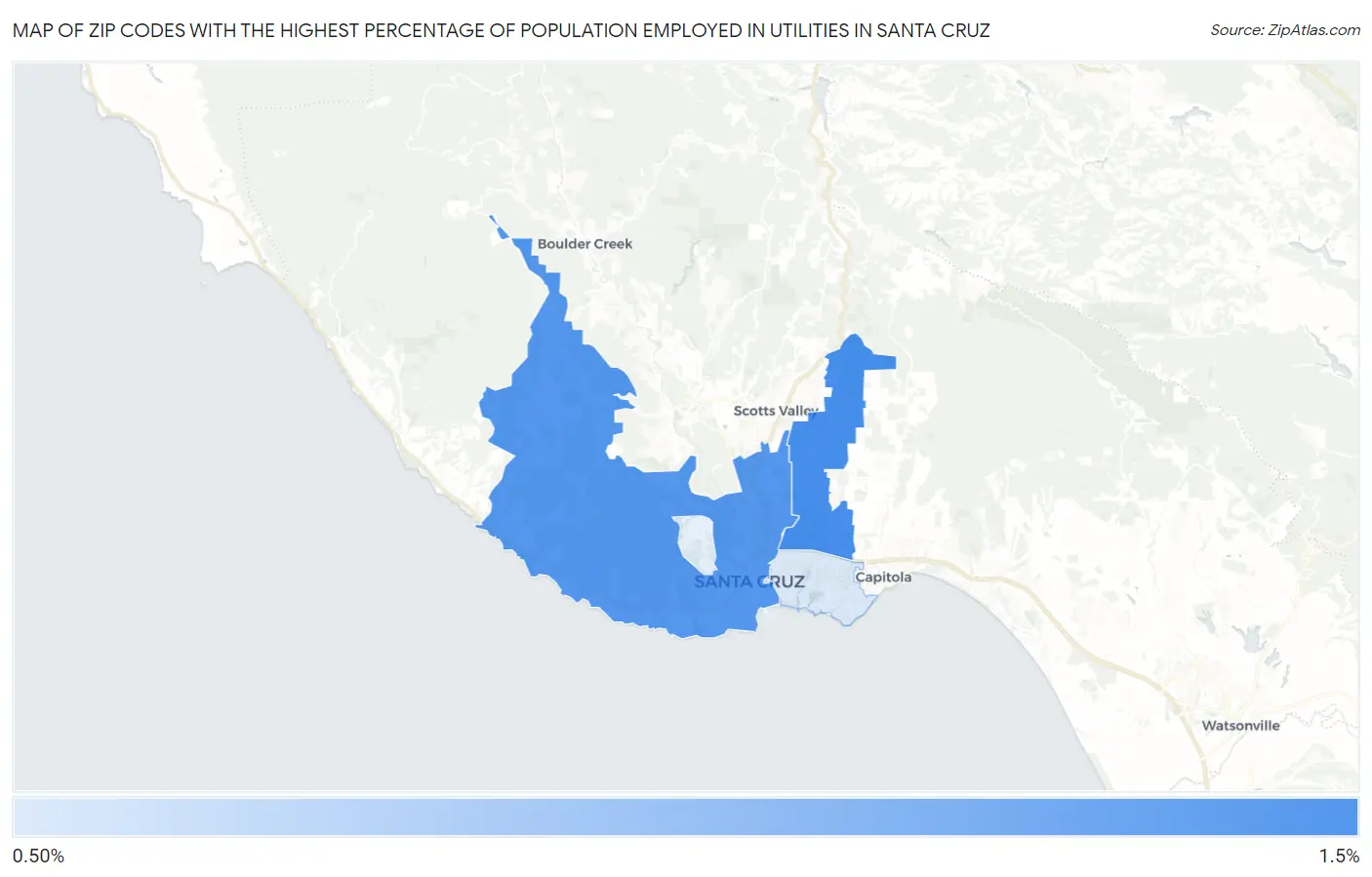 Zip Codes with the Highest Percentage of Population Employed in Utilities in Santa Cruz Map
