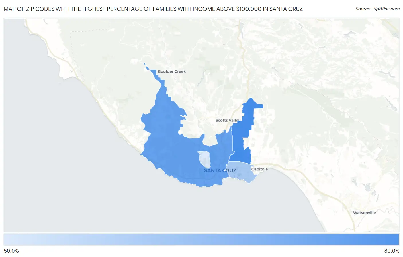 Zip Codes with the Highest Percentage of Families with Income Above $100,000 in Santa Cruz Map