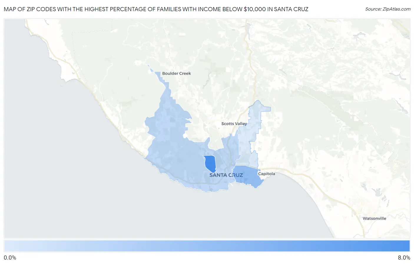 Zip Codes with the Highest Percentage of Families with Income Below $10,000 in Santa Cruz Map