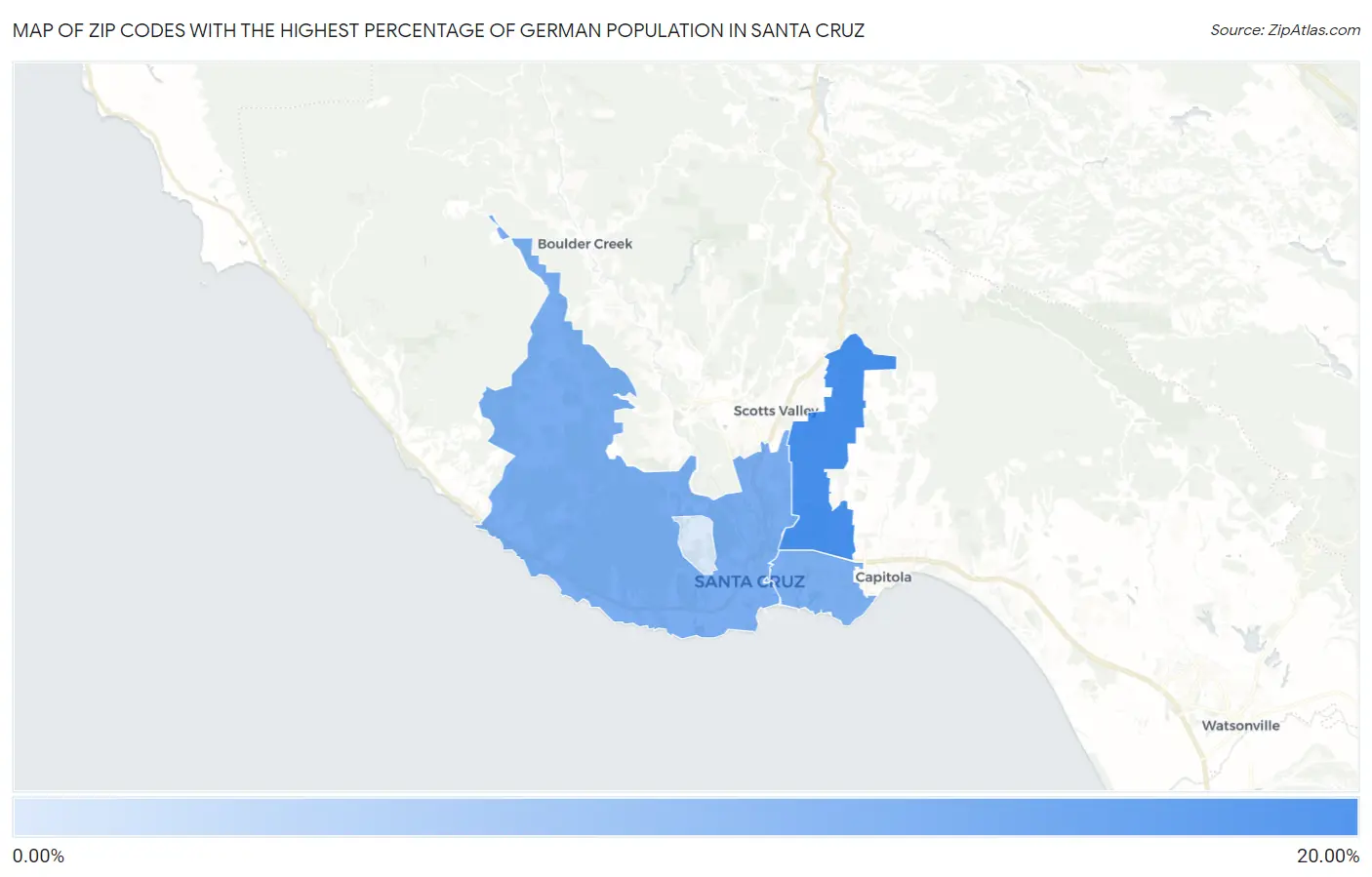 Zip Codes with the Highest Percentage of German Population in Santa Cruz Map