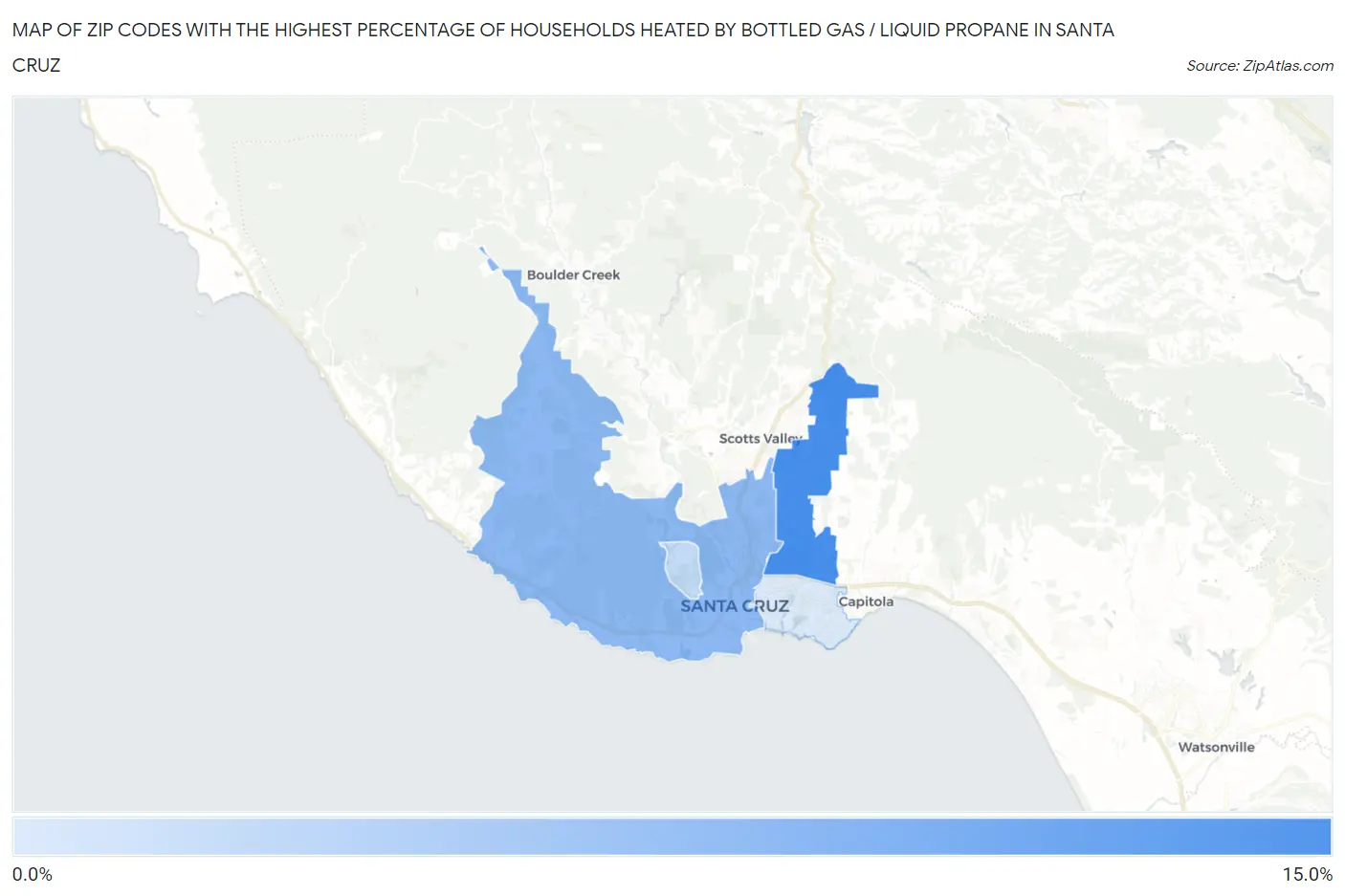 Zip Codes with the Highest Percentage of Households Heated by Bottled Gas / Liquid Propane in Santa Cruz Map