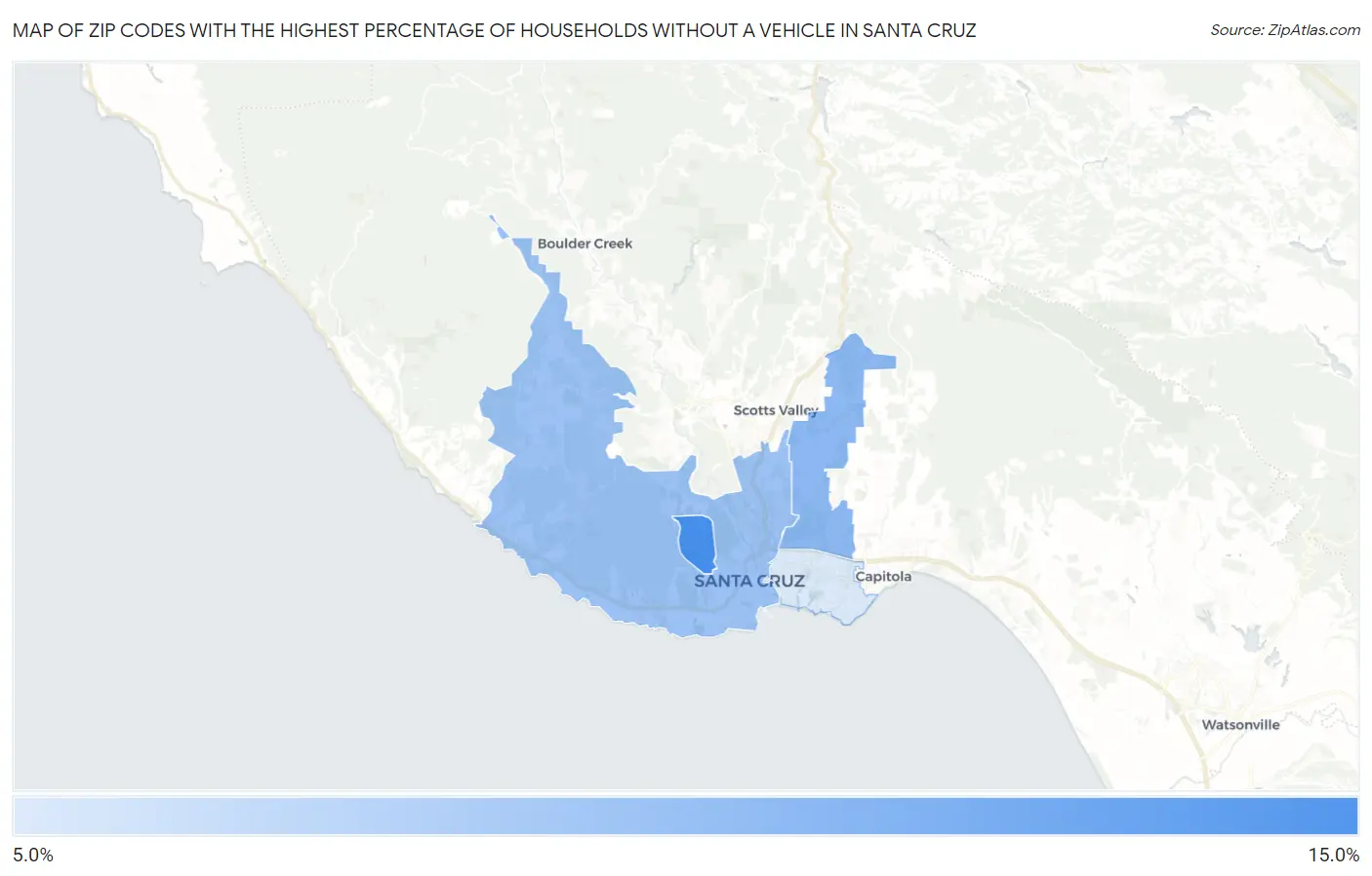 Zip Codes with the Highest Percentage of Households Without a Vehicle in Santa Cruz Map
