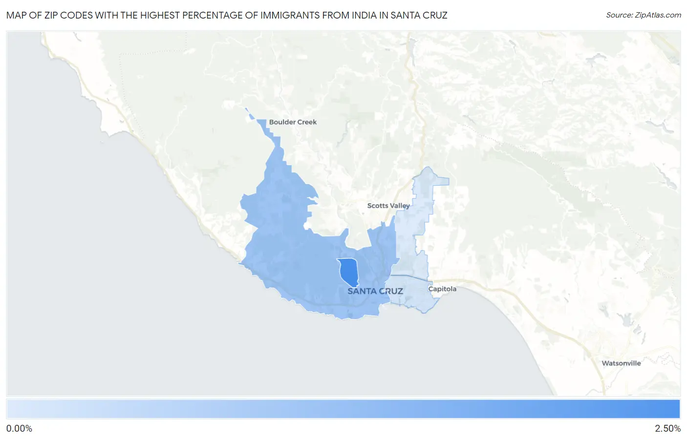 Zip Codes with the Highest Percentage of Immigrants from India in Santa Cruz Map
