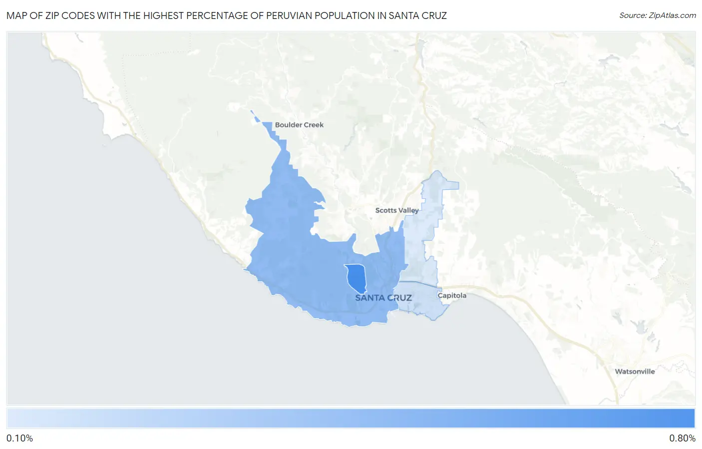 Zip Codes with the Highest Percentage of Peruvian Population in Santa Cruz Map